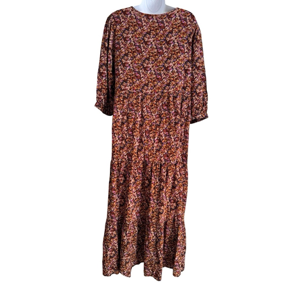 Natural Life Maxi Dress M Keyhol Brown Floral Tiered 3/4 Sleeve Boho Cottagecore - Picture 7 of 11